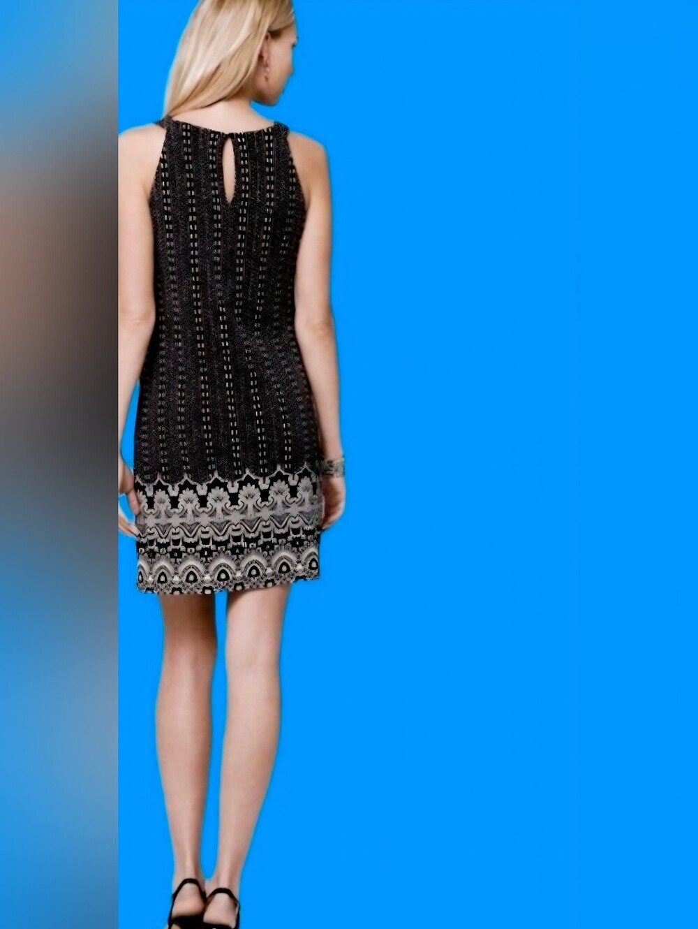 WHBM Large Dress Black White Geo Print With Mosaic Border Lace Crochet Bib
